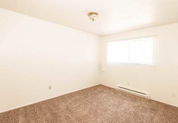 A room with a carpeted floor and a window.