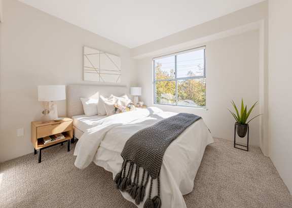 a bedroom with a large bed and a window