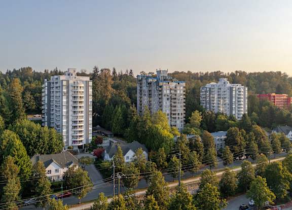 an aerial view of a neighbourhood with tall buildings