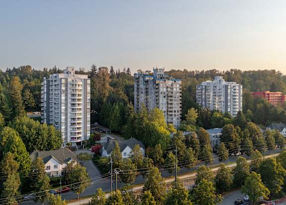 an aerial view of a neighbourhood with tall buildings