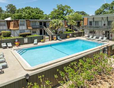 A small pool surrounded by a concrete fence and a few plants.