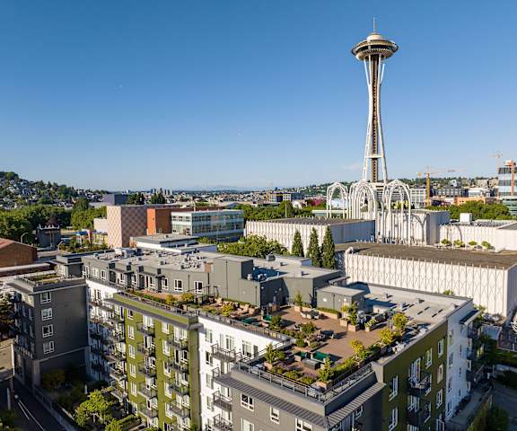 a view of the space needle from the top of a building in seattle
