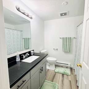 A bathroom with a sink, toilet, and shower.
