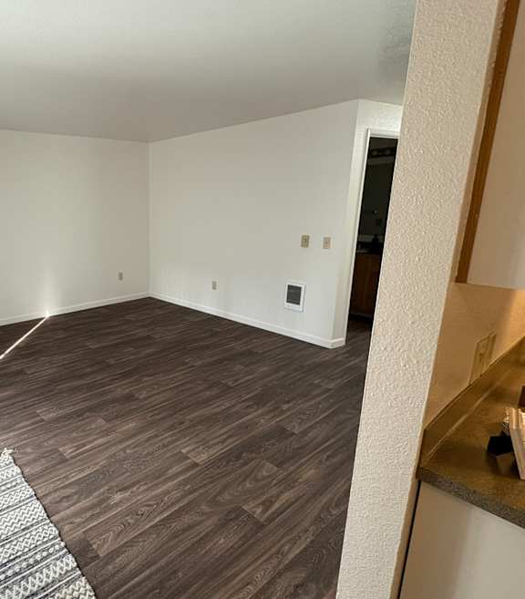 A room with wooden flooring and a rug in the middle.