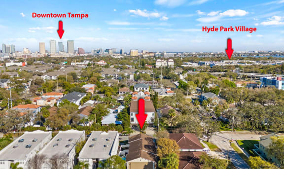 an aerial view of a neighborhood with trees and a city in the background