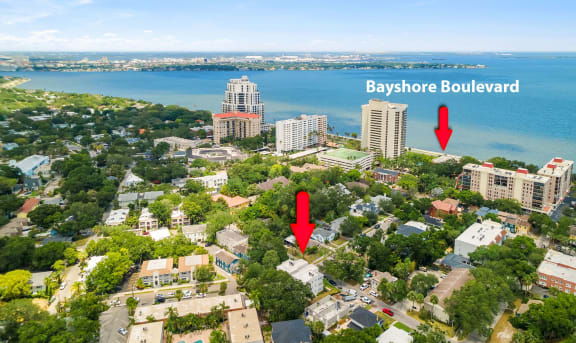 an aerial view of the city of bayshore boulevard and the water