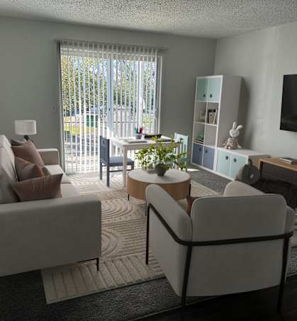 A living room with a grey couch, a white armchair, a coffee table, and a television.