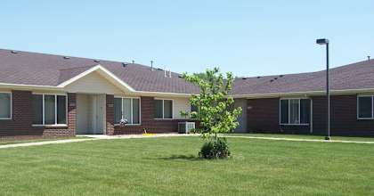 A small tree is in front of a building with a brown roof.
