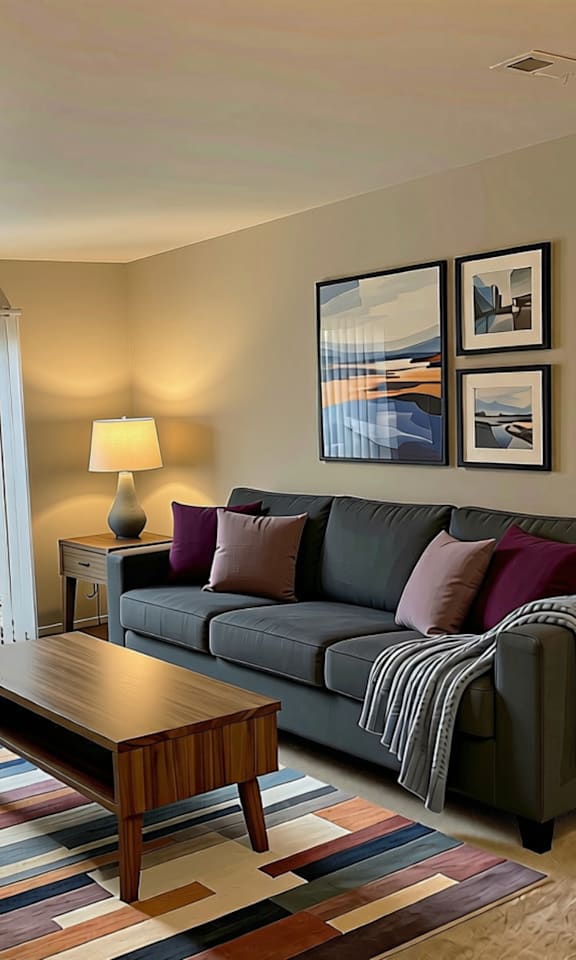 A living room with a grey couch, a wooden coffee table, and a colorful rug.