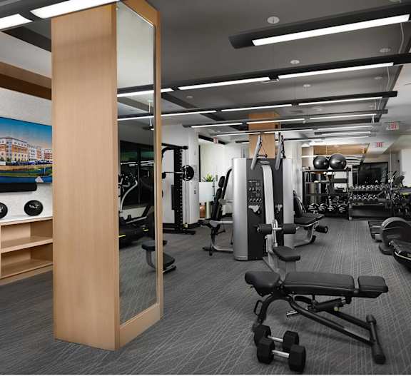 A gym with a variety of equipment including treadmills, weights, and exercise machines.
