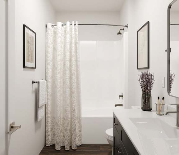 a bathroom with a shower and a sink and a mirror