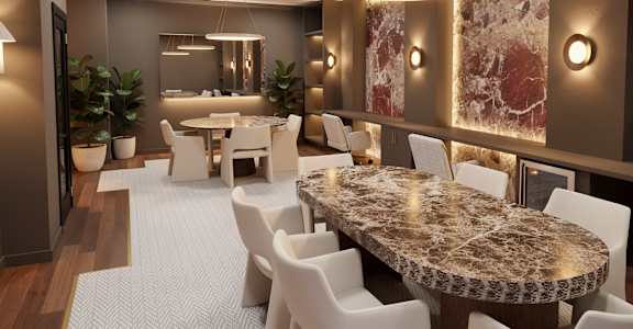 A modern dining room with a large table and chairs.