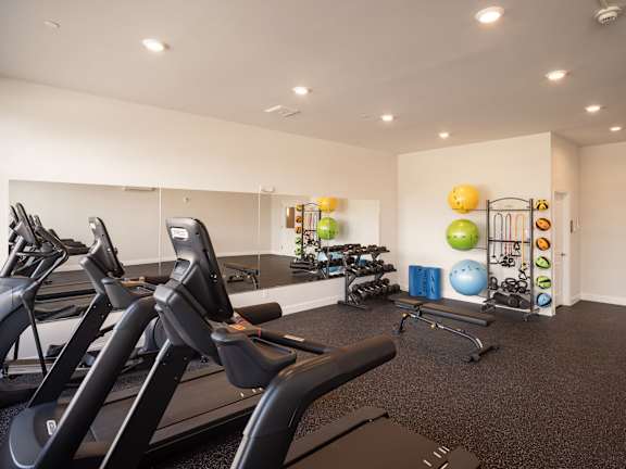 a gym with treadmills and other exercise equipment