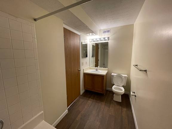A bathroom with a toilet, sink, and mirror.