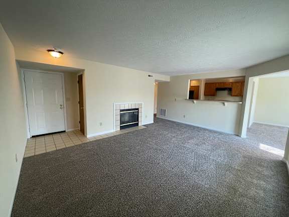 A living room with a fireplace and a grey carpet.
