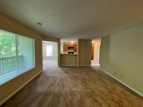A room with a carpeted floor and a window on the left side.