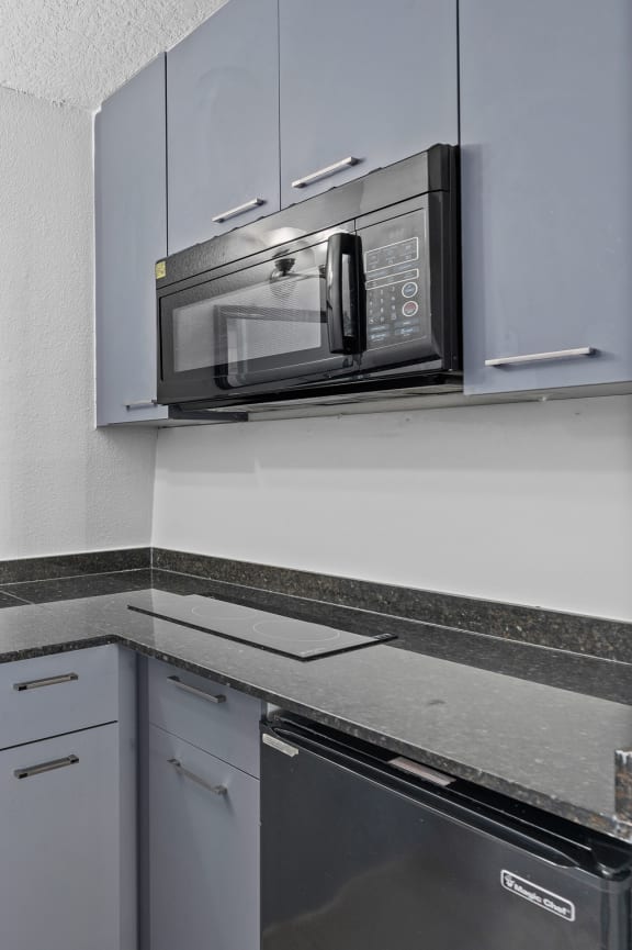 a kitchen with gray cabinets and stainless steel appliances at Colonial Apartments, Orlando, FL 32808