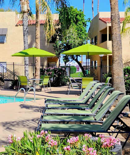 A pool area with green lounge chairs and umbrellas.