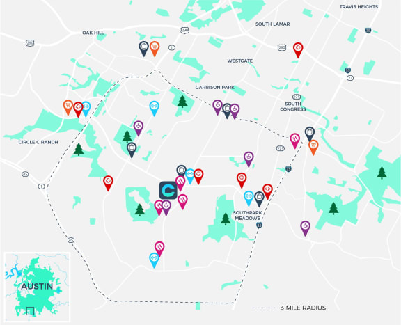 a map of the austin area with pins showing the locations of parks and attractions