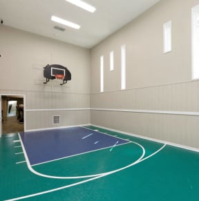 a basketball court in a gym with a hoop on the wall