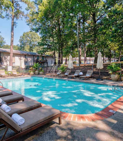 A pool surrounded by trees and lounge chairs.