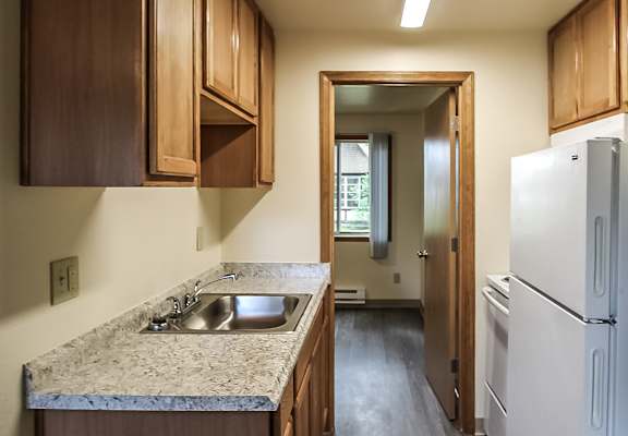 A kitchen with wooden cabinets and a marble countertop.