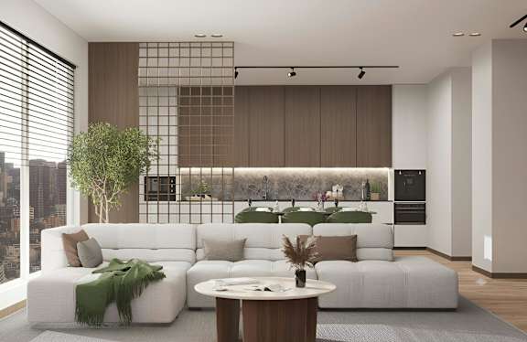 A modern living room with a white sofa and a wooden coffee table.