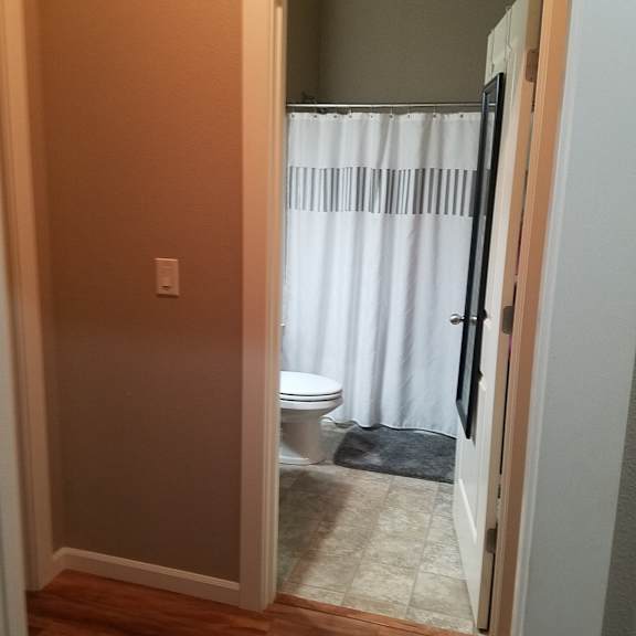 a bathroom with a toilet and a shower curtain