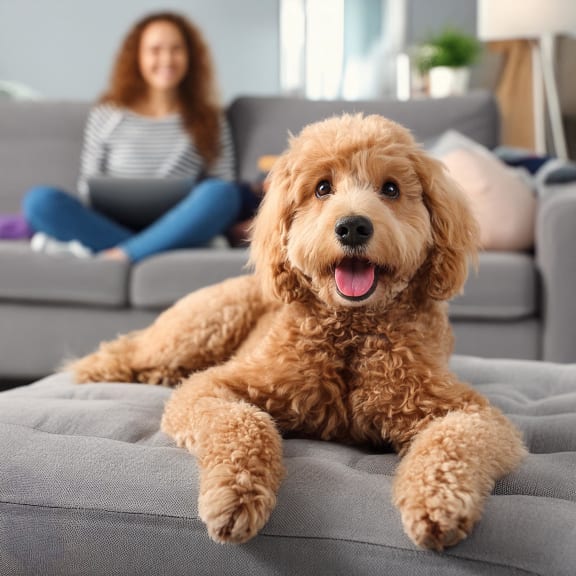 a dog laying on a couch with a woman sitting in the background
