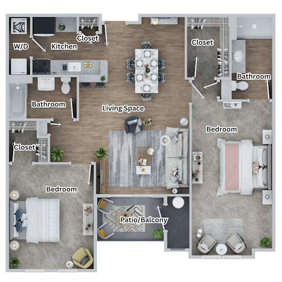 A floor plan of a house with a living space, kitchen, two bedrooms, two bathrooms, and a patio.