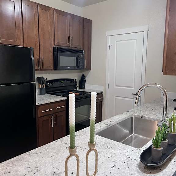 A kitchen with a black refrigerator and a white door.