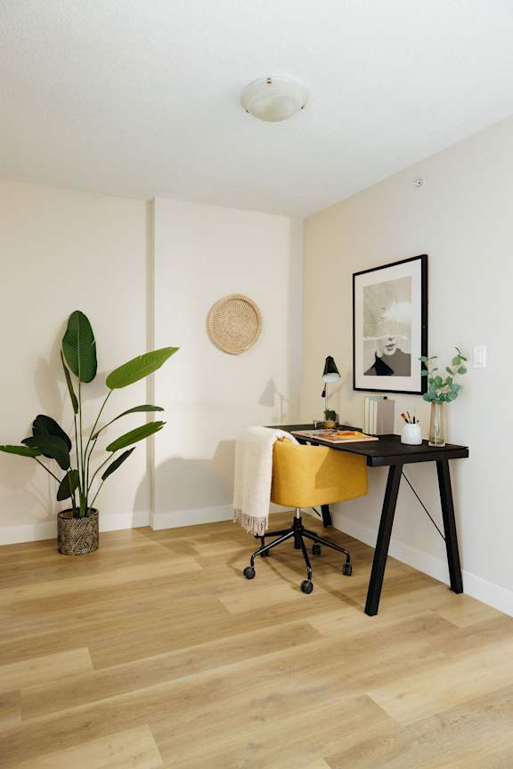 a home office with a desk and a plant
