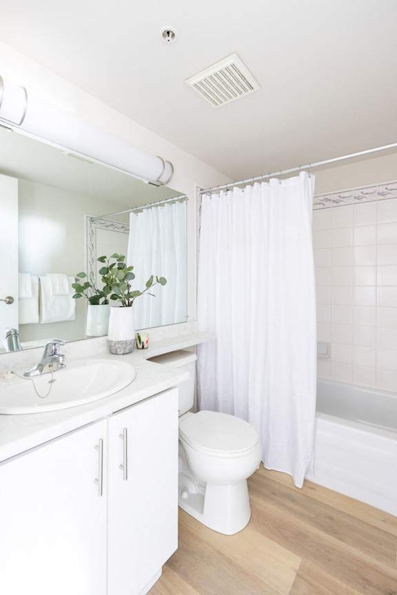 a white bathroom with a white toilet and a white shower curtain