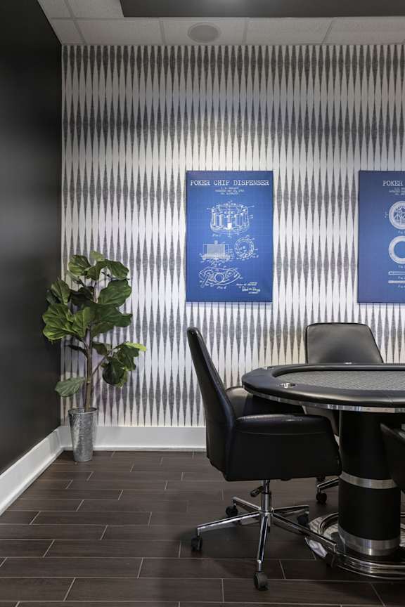 A room with a table, chairs and a plant.