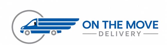A logo for a delivery service featuring a truck and the words "On the Move Delivery".