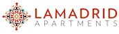 The image shows a logo for "LAMADRID APARTMENTS" with a decorative design to the left of the text.