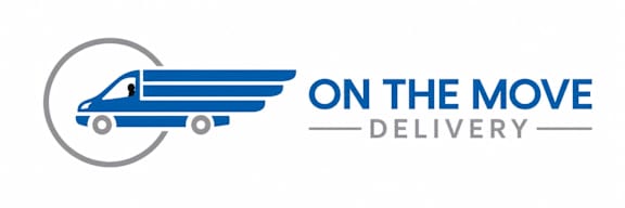 A logo for a delivery service featuring a truck and the words "On the Move Delivery".