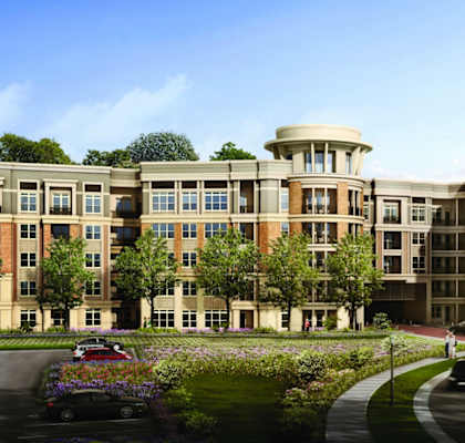 at LaVie SouthPark in Charlotte, NC 28209 Rendering of Front of Building with Street and Landscaping