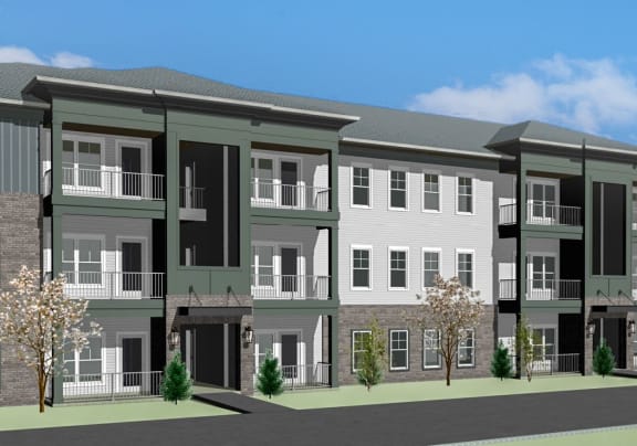 a rendering of an apartment building with trees in front of it