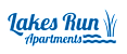 A logo for Lakes Run Apartments with blue text and design elements.