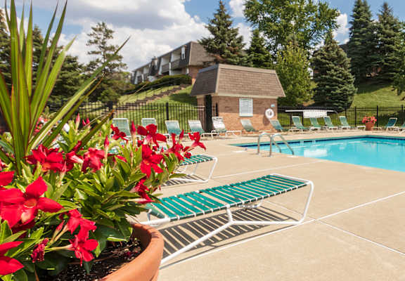 This is a picture of the Gilmore clubhouse pool area at Fairfield Pointe Apartments in Fairfield, Ohio.