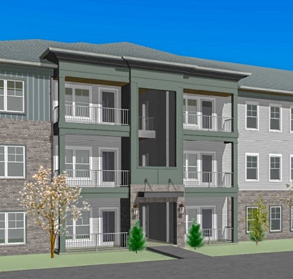 a rendering of a three story apartment building on a street