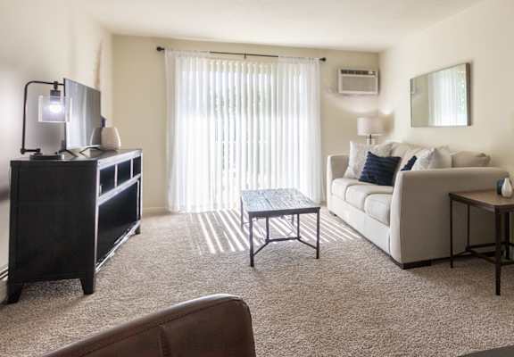 This is a photo of the living room in a 560 square foot, 1 bedroom, 1 bath apartment at Aspen Village Apartments in Cincinnati, OH.