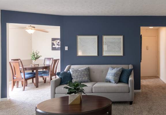 This is a picture of the dining room from the living room in the 850 square foot, 1 bedroom, 1 bath apartment at Fairfield Pointe Apartments in Fairfield, Ohio.