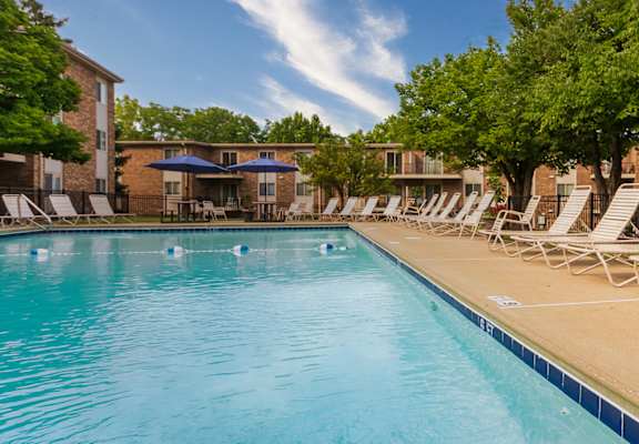 A row of sun loungers are on the side of a swimming pool at Blue Grass Manor Apartments in Erlanger, KY.