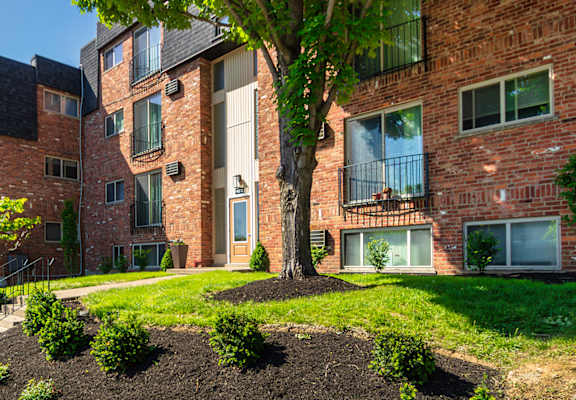 Apartment building exteriors at Romaine Court Apartments in the Oakley neighborhood of Cincinnati, Ohio.