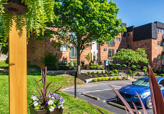 Apartment building exteriors from the pergola at Romaine Court Apartments in the Oakley neighborhood of Cincinnati, Ohio.