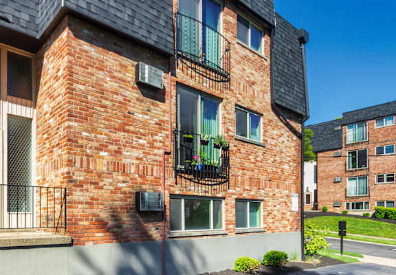 Apartment building exteriors at Romaine Court Apartments in the Oakley neighborhood of Cincinnati, Ohio.