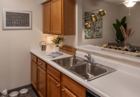This is a photo of the kitchen in the 822 square foot, 2 bedroom, 1 bath floor plan at Village East Apartments in Franklin, OH.