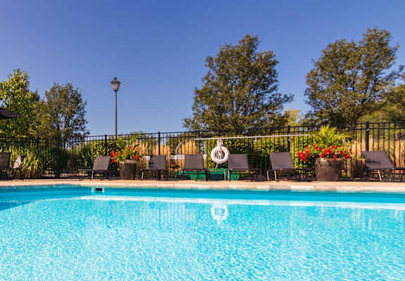 A swimming pool surrounded by a black fence and trees.